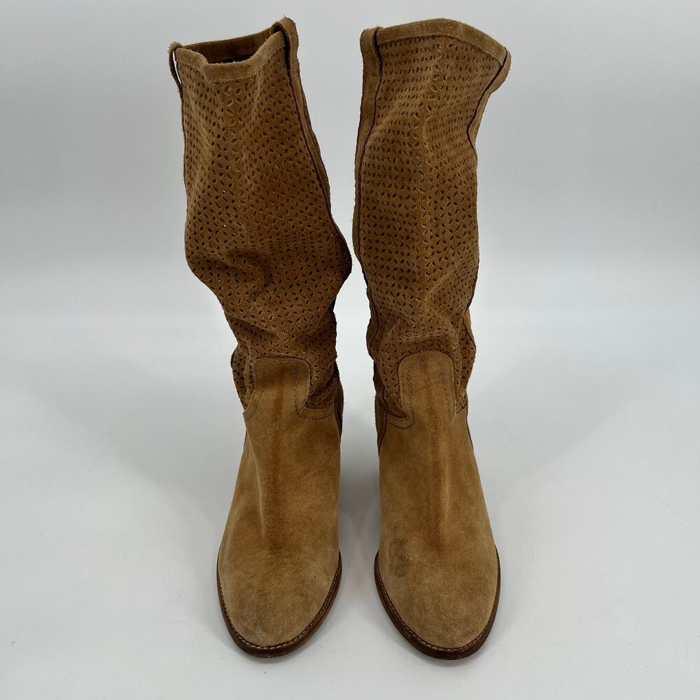 Perforated Tan Suede Leather Boots Womens EU 36 US 6 Slouchy Mid Calf Spain READ - Picture 2 of 9